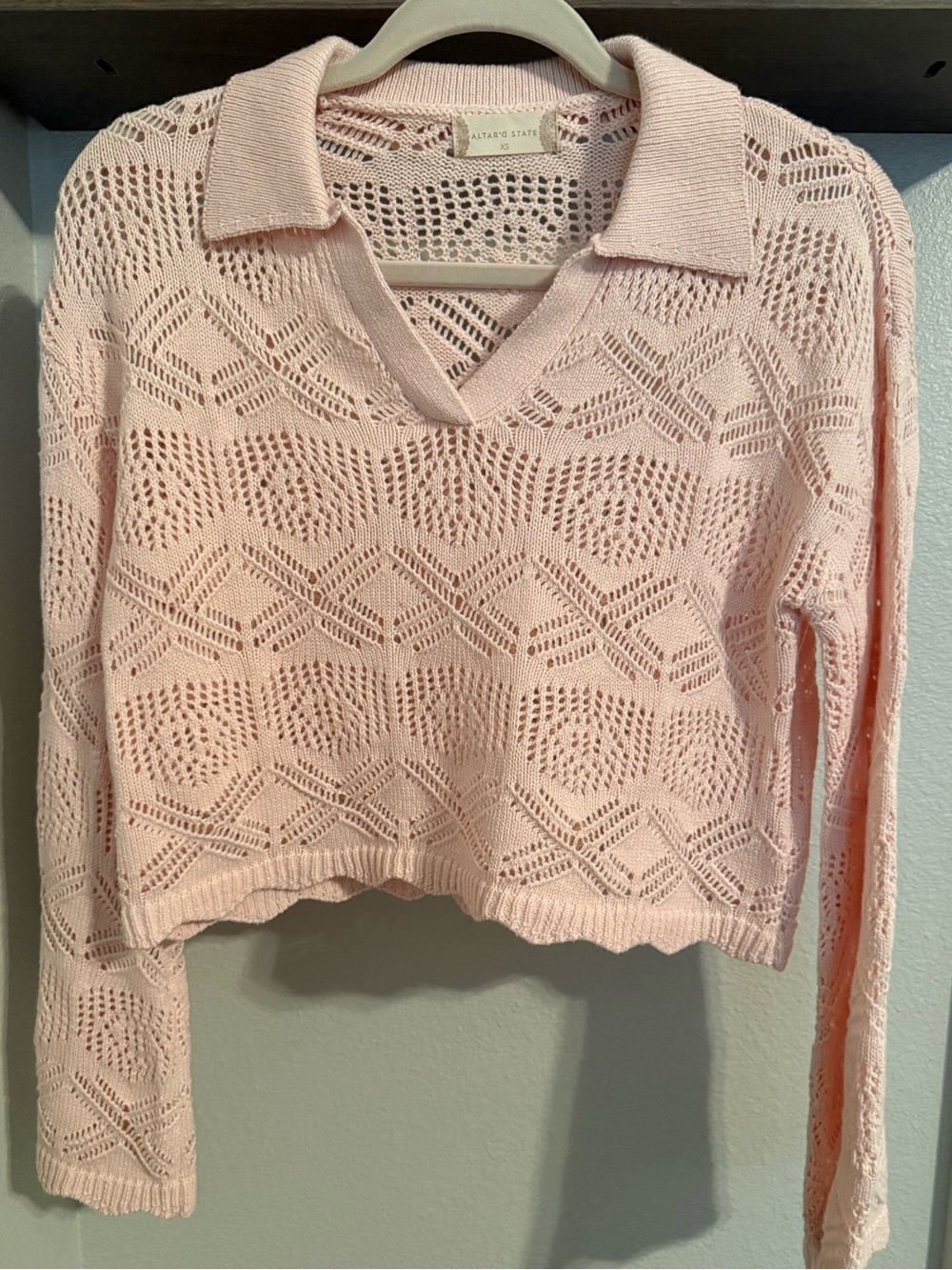 Altar'd State Light Pink Openwork V‑Neck Collared Sweater